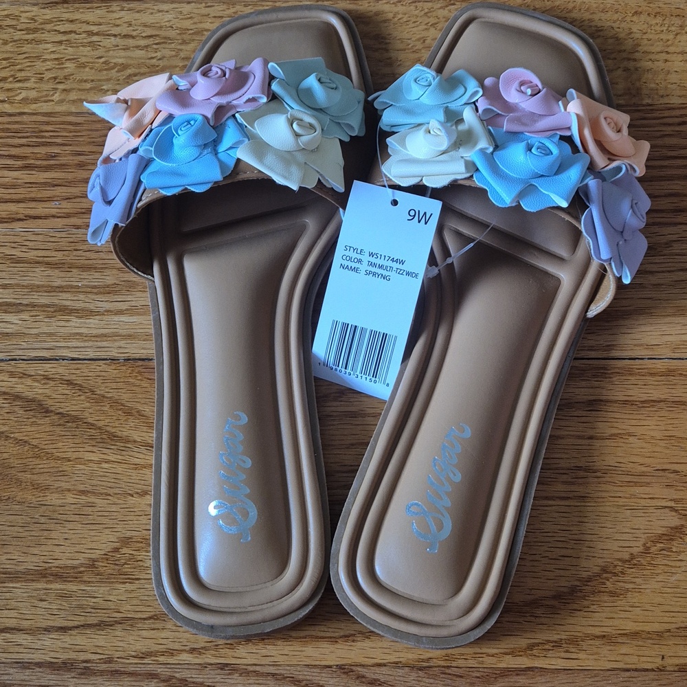 Sugar Floral Slide Sandals with Pastel Roses, size 9W NWOB - Picture 9 of 12